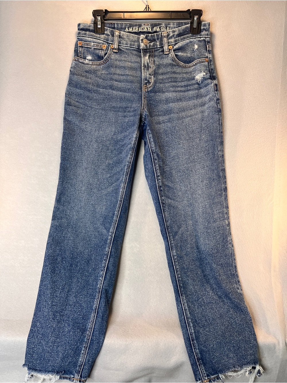 American Eagle Curvy Straight Jeans Size 2 Short Raw Hem Distress Baggy Medium